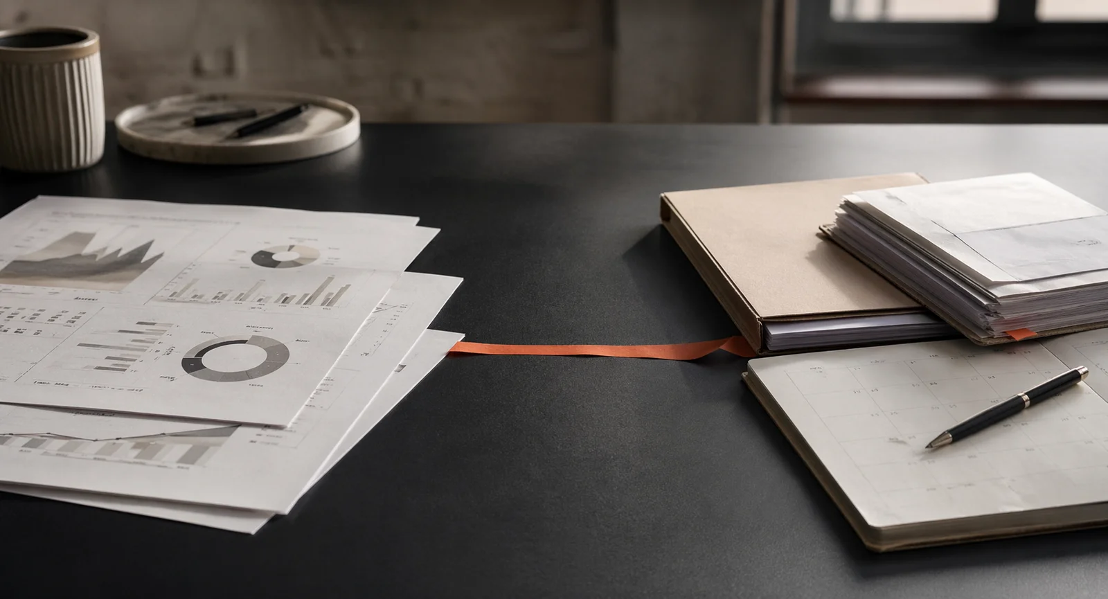 Printed charts connected by an orange ribbon to client paperwork and a calendar