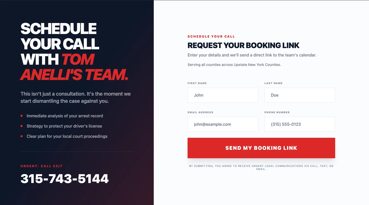 Consultation intake section with an empty form for requesting a strategy-call booking link.