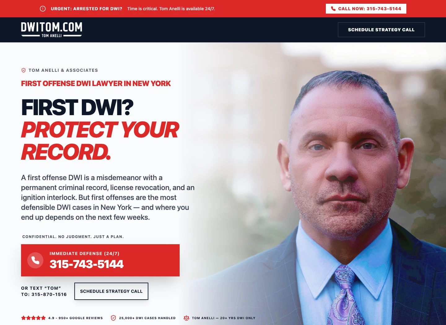 First-offense DWI landing page with case-specific messaging and a prominent call action.