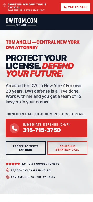 Mobile DWI defense landing page with a stacked headline, tap-to-call button, text option, and strategy-call action.