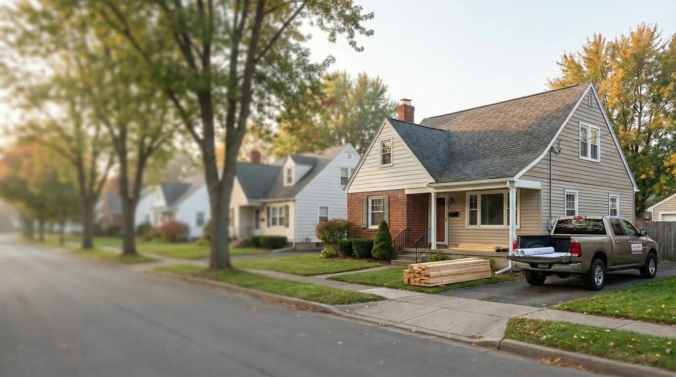 A home renovation with building materials and a work truck, from Mako’s website.